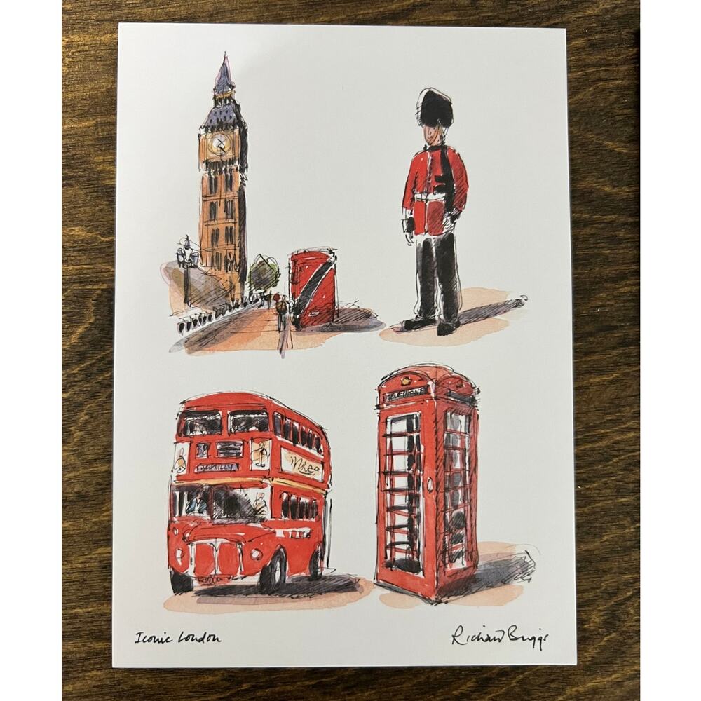 NWOT - Set of 7 London Art Postcards Sketch Style, Big Ben, Red Bus, Phone Booth